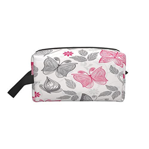 AOOEDM Schmetterlinge Kulturtasche Blumenmuster Rotes Gänseblümchen Graue Blätter Dekor Make-up Tasche Reise Kosmetiktasche Kleine Tasche Aufbewahrungstasche Organizer für Frauen Männer Geschenk von AOOEDM