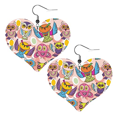 Sketch Owls1 Herzförmige Lederohrringe für Damen und Mädchen, einfache baumelnde Ohrringe, Geschenke für Sie von AOOEDM