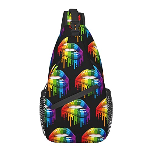 Sling Bag Crossbody Sling Rucksack für Damen Herren Reisen Wandern Daypack Brust Umhängetasche (kompatibel mit Gay Homosexuell Lesbian Rainbow Lips Pride) von AOOEDM