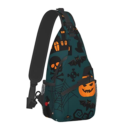 Sling Bag Happy Halloween Dekorationen Kostüme Kürbis Totenkopf Crossbody Rucksack für Männer Jungen, Leichte Umhängetasche Anti-Diebstahl Sporttasche für Wandern Reisen Radfahren von AOOEDM