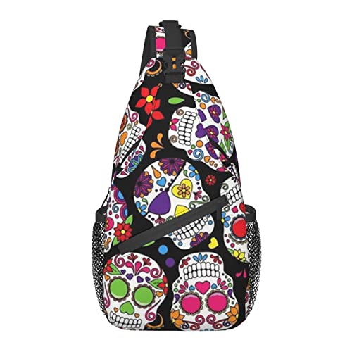 Sling Bag für Herren Damen, für Sugar Skull Flowers Schwarz, Schulterrucksack Brusttaschen Crossbody Daypack für Outdoor Wandern Camping Radfahren von AOOEDM