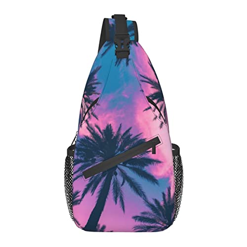 Sling Bag für Männer Frauen, für Purple Sky Palm Trees, Schulterrucksack Brusttaschen Crossbody Daypack für Outdoor Wandern Camping Radfahren von AOOEDM