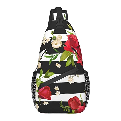 Sling Rucksack, für Black White Stripes Red Rose Flowers, Mehrzweck-Crossbody-Schultertasche, Reisen, Wandern, Daypack, Anti-Diebstahl-Rucksack Sling Rucksack, für Black White Stripes Red Rose Flowers, Mehrzweck-Crossbody-Schultertasche, Reisen, Wandern, Daypack, Anti-Diebstahl-Rucksack von AOOEDM