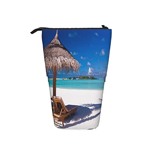 Strand-Teleskop-Federmäppchen, aufstellbar, Federmäppchen, zwei Stühle und Regenschirm an einem Strand mit Schatten von Palmen, ruhige Landschaft, Bleistift-Organizer, tragbares Federmäppchen für Schu von AOOEDM