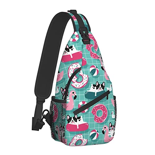 Süße Hunde mit Pool schwimmt in einem Schwimmbad Sling Bag für Damen Herren, Tierdesign Crossbody Umhängetaschen Casual Sling Rucksack Brusttasche Reisen Wandern Tagesrucksack für den Außenbereich von AOOEDM