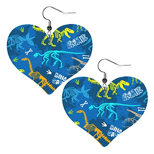 T-Rex-Dinosaurier-Skelett-Herzform-Lederohrringe für Damen und Mädchen, einfache baumelnde Ohrringe, Geschenke für Sie von AOOEDM