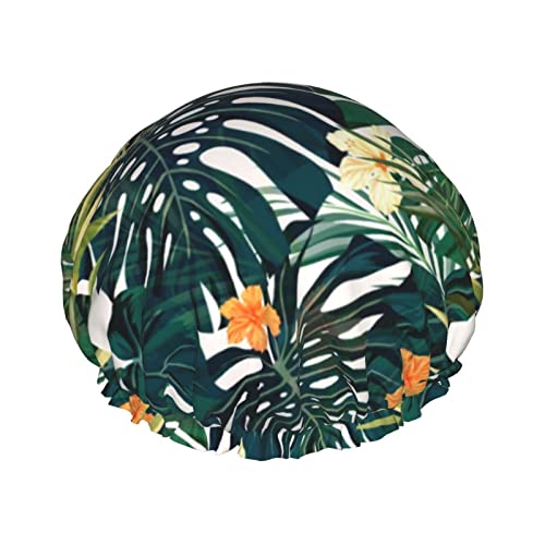 Tropical Summer Hawaiian Flower Palm Leaves Wiederverwendbare Duschhaube für langes Haar, doppellagiger Stoff mit elastischem Saum, waschbare Haarkappen für Frauen/Mädchen von AOOEDM