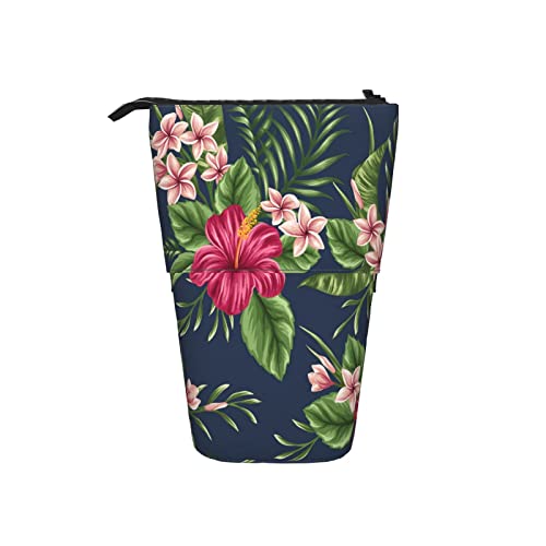 Tropisches Blumen-Teleskop-Federmäppchen, aufstellbares Federmäppchen mit Plumeria- und Hibiskusblumen im hawaiianischen Stil, rot, grün, schwarz, niedlicher Bleistift-Organizer, tragbares Federmäppch von AOOEDM