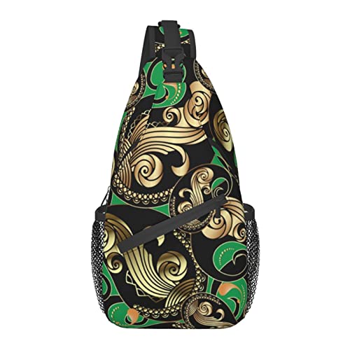 Umhängetasche für Herren Damen, für Gold und Schwarz Vintage Paisley Grün, Schulterrucksack Brusttaschen Crossbody Daypack für Outdoor Wandern Camping Radfahren von AOOEDM