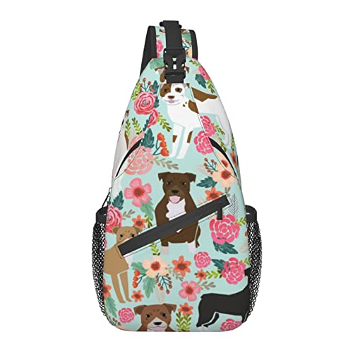 Umhängetasche für Männer und Frauen, für Pitbull mit Blumenblume, Schulterrucksack, Brusttaschen, Crossbody-Tagesrucksack für Outdoor, Wandern, Camping, Radfahren von AOOEDM