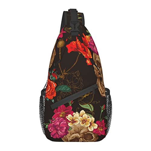 Umhängetasche für Männer und Frauen, für Sugar Skulls Flowers Floral, Schulterrucksack, Brusttaschen, Crossbody-Tagesrucksack für Outdoor, Wandern, Camping, Radfahren von AOOEDM