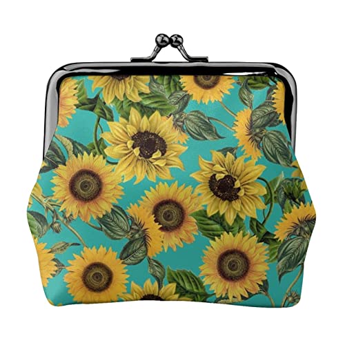 Vintage-Sonnenblumen auf blaugrünem Damen-Leder-Geldbörse, Kleingeldbeutel mit Kiss-Lock-Verschluss, Schnallen-Geldbörse für Mädchen-Geschenk von AOOEDM