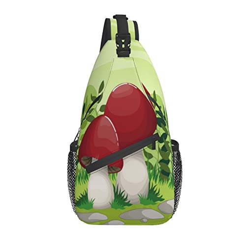 Wald-Karikatur-Pilz-Gras-Kreuz-Brusttasche Diagonally Sling-Rucksack Crossbody-Umhängetasche Reisen Wandern Tagesrucksäcke für Männer Frauen von AOOEDM