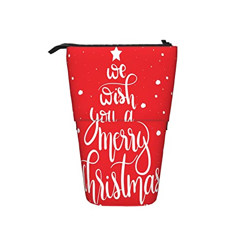 We Wish You A Merry Christmas Teleskop-Federmäppchen Stehende Federmäppchen auf rotem Hintergrund mit Schneeflocken Xmas Design Bleistift-Organizer, tragbare Federmäppchen für das Schulbüro von AOOEDM