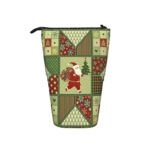 Weihnachts-Patchwork-Teleskop-Federmäppchen, Stand-Up-Federtasche, Weihnachtsmann, Weihnachtsbaum, Sterne, Schneeflocken, Herzen, dekoratives Feiertagsmuster, grüner Bleistift-Organizer, tragbare Fede von AOOEDM