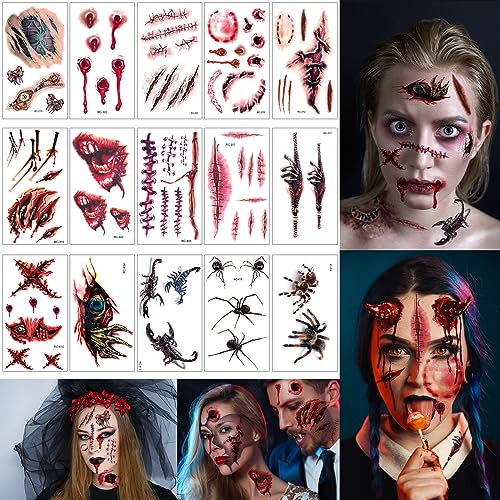 15 Blatt Halloween Temporäre Tattoos, Halloween Scars Tattoos Aufkleber, Wasserdicht Halloween Aufkleber für Frauen, Männer, Horror Makeup von AOOGON