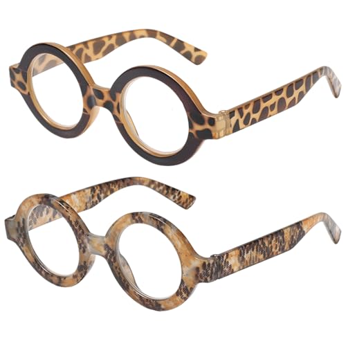 AOOLIA 2er-Pack Runden Lesebrille Damen, Anti-Blaulicht-Gläsern Gläser, Ultraklare Sicht Männer Frauen Lesehilfe (Braun+Leoparden/Gelb) von AOOLIA