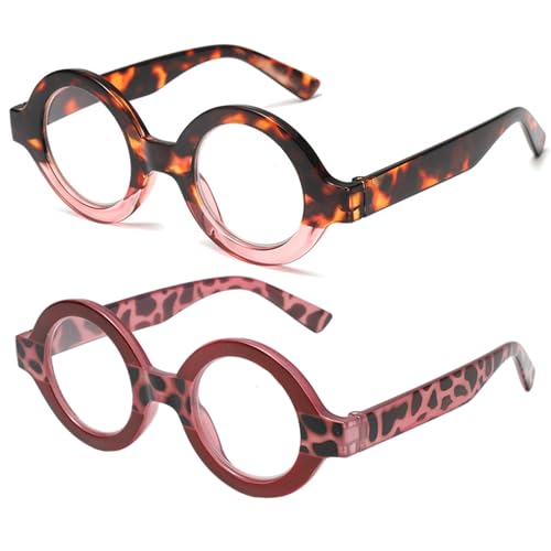 AOOLIA 2er-Pack Runden Lesebrille Damen, Anti-Blaulicht-Gläsern Gläser, Ultraklare Sicht Männer Frauen Lesehilfe (Leoparden/Rose+Rosarot, 3, x) von AOOLIA