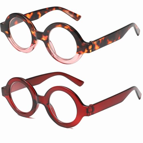 AOOLIA 2er-Pack Runden Lesebrille Damen, Anti-Blaulicht-Gläsern Gläser, Ultraklare Sicht Männer Frauen Lesehilfe (Leoparden/Rose+Weinrot, 1, x) von AOOLIA