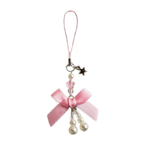 AOOOWER Bowknot Star Keychain Pendant Pearls Beaded Butterfly Knot Key Chain Fashionable Bow Ornament for Phones, 155mm, Acryl-Imitationsperle, Kein Edelstein von AOOOWER