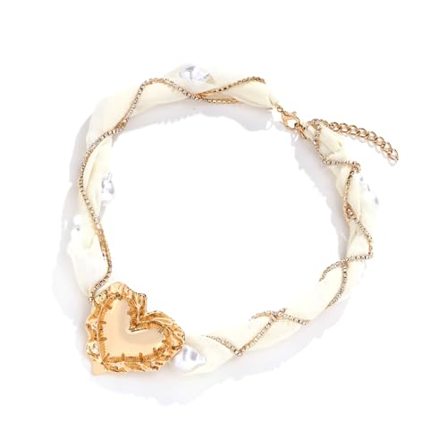 AOOOWER Damen Mesh Kette Perlen Halskette Charm Verstellbar Choker mit Herz Anhänger, Perle, Mesh, Legierung von AOOOWER