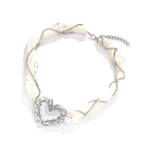 AOOOWER Damen Mesh Kette Perlen Halskette Charm Verstellbar Choker mit Herz Anhänger von AOOOWER