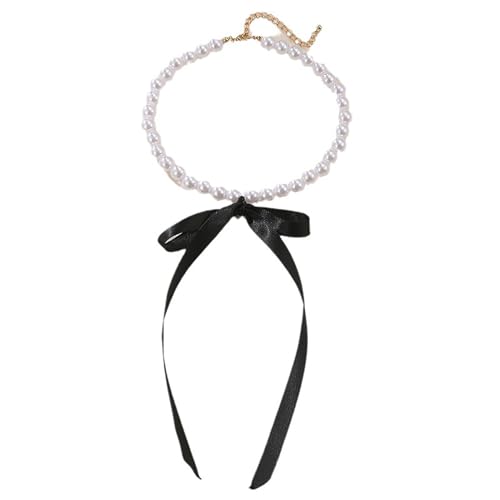 AOOOWER Elegante Halskette mit Schleife, schlichtes Halsband, Schlüsselbeinkette, modische Perlen-Choker-Halskette, As show, Imitationsperlen + Band von AOOOWER