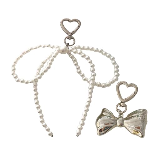 AOOOWER Elegante Perlen und Schleifen-Charm-Anhänger, Schlüsselanhänger-Set, stabile Legierung, Tasche, Zubehör, tragbar für trendige Frauen, 15 cm, Metalllegierung, Kein Edelstein von AOOOWER