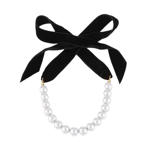 AOOOWER Elegante Samt-Halskette mit Schleife und Kunstperlen, verstellbare Länge, Halskette für Damen, modisches Choker-Accessoire von AOOOWER