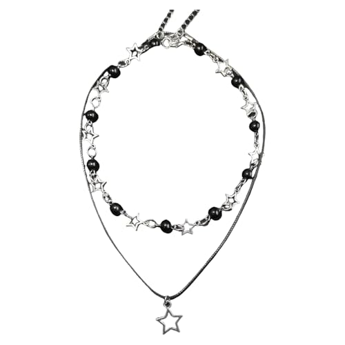 AOOOWER Elegante Stern-Halskette mit schwarzen Perlen, verstellbares PU-Lederband von AOOOWER