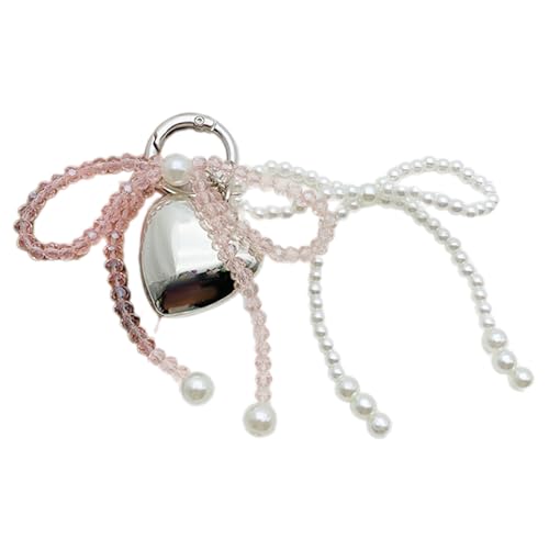 AOOOWER Eleganter Schlüsselanhänger mit Perlen und Schmetterlingsschleifen, Herz, Metall, Taschenanhänger, modisches Accessoire für Damen, 12 cm, Kristallperlen + Metall + Imitationsperlen, Kein von AOOOWER