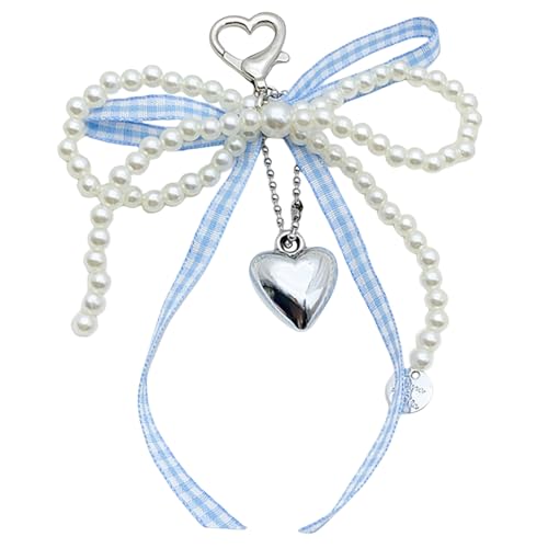 AOOOWER Eleganter Schlüsselanhänger mit Perlenschleifen, Herzanhänger, für Damen und Mädchen, modischer Taschenanhänger, 14,5 cm, Kunstperlen + Metall + Band, Kein Edelstein von AOOOWER