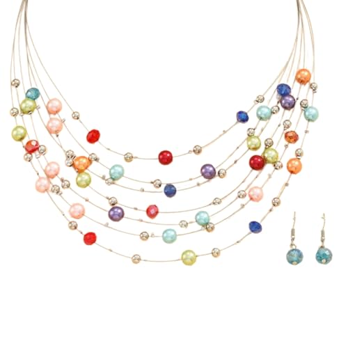 AOOOWER Elegantes Damen-Schmuck-Set mit bunter Perlenkette und Ohrring-Verzierung von AOOOWER