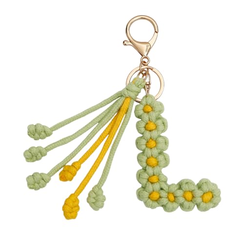 AOOOWER Handgefertigter gestrickter Schlüsselanhänger, gehäkelte Blume, Buchstabenform, stilvolles Schlüsselanhänger-Zubehör für Schlüssel, SizeApprox.14cm/5.51in, Metalllegierung, Kein Edelstein von AOOOWER