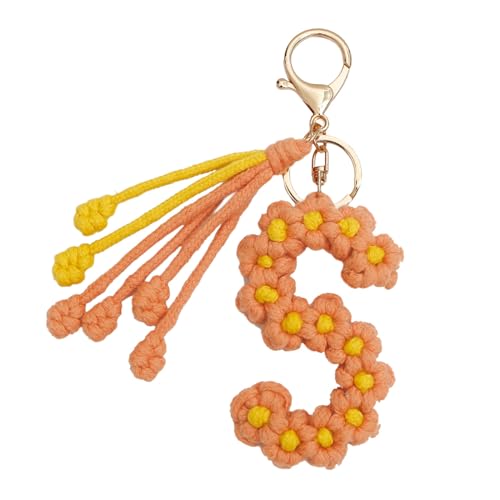 AOOOWER Handgefertigter gestrickter Schlüsselanhänger, gehäkelte Blume, Buchstabenform, stilvolles Schlüsselanhänger-Zubehör für Schlüssel, SizeApprox.14cm/5.51in, Metalllegierung, Kein Edelstein von AOOOWER