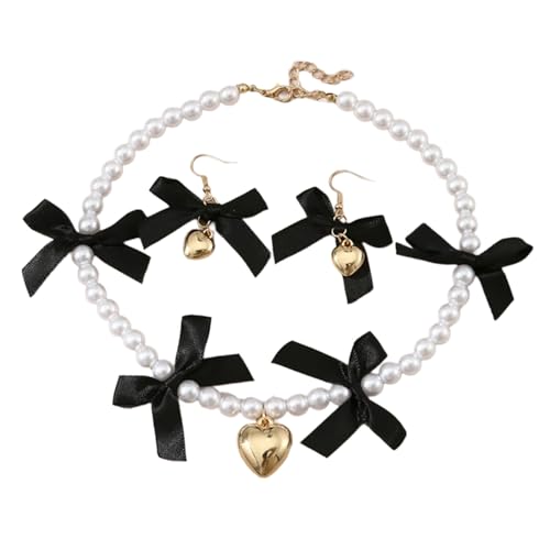 AOOOWER Schöne Kinder Bowknot Halskette Ohrringe Set Zarte Herz Anhänger Perlen Halskette Bowknot Ohrring Verzierung, As show, Metall von AOOOWER