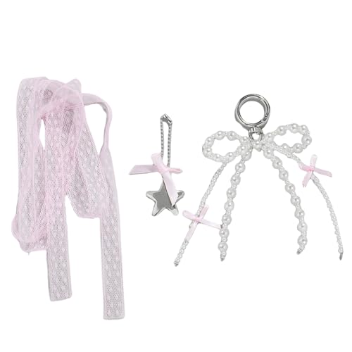 AOOOWER Set mit 3 eleganten Bowknot Herz Stern Schlüsselanhänger für Frauen Perlen Perlen Schlüsselanhänger Charm Mode Autoschlüssel, 4.68x3.12in, Legierung, Netz, Kein Edelstein von AOOOWER