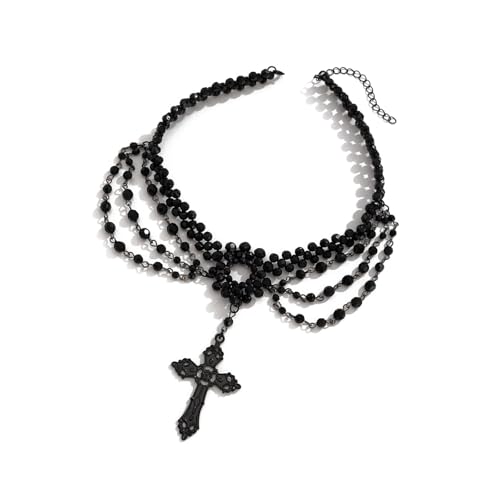 AOOOWER Statement Multi Level Gothic Choker Mode Mehrere Quasten Choker Halskette mit Kreuzen für Gothic Enthusiasten von AOOOWER