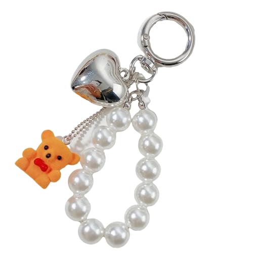 AOOOWER Stilvoller Schlüsselhalter mit Perlen, multifunktionaler Bärentaschen-Charm, einzigartiges Schlüssel-Ornament, Geschenk für modische Frauen und Mädchen, 12 cm, Beflockung + Legierung + von AOOOWER