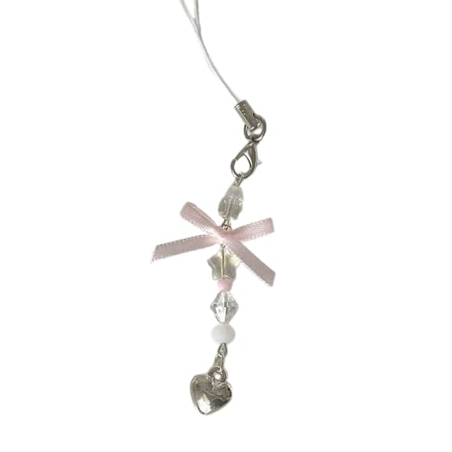 AOOOWER Süßer Schlüsselanhänger mit Schleife, Herz-Perlen, schöne Handy-Riemen, Dekorationen, Schlüsselanhänger für Geldbörse, Tasche, 1416cm, Acryllegierung, Kein Edelstein von AOOOWER