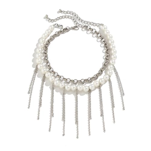 AOOOWER Vintage-Imitationsperlen Choker Doppellagige Schlüsselbeinkette Quasten Halskette Mode Halsband Halskette Temperament Schmuck von AOOOWER