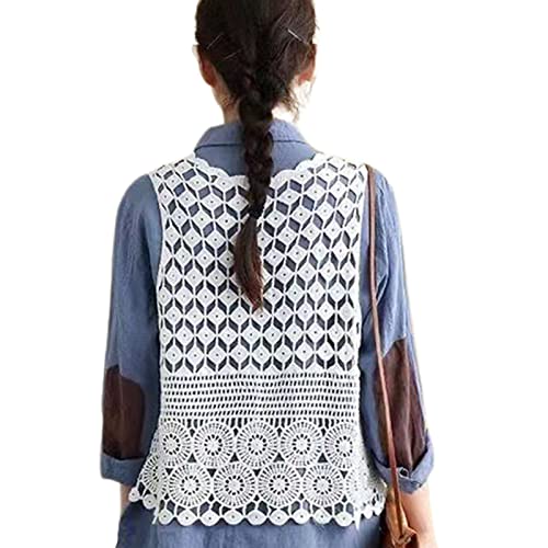 Damen Hippie Boho Häkelweste ärmellos geometrische Spitze Cardigan Strand Cover Up, weiß, One size von AOOOWER