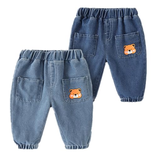 AOOPOO 2er-Pack Baby Jungen Mädchen Jeans Kleines Kind Elastische Taille Denim Hose mit Taschen Kleinkind Cartoon Bär Baumwolle Jeanshose Mode Lässige Hose für Baby Kinder 6 Monate-4 Jahre von AOOPOO
