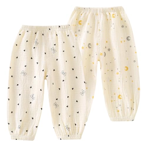 AOOPOO 2er Pack Baby Kinder Mädchen Jungen Sommer Musselin-​Hose Bloomers Baumwollgarn Lange Hosen mit Cartoon Druck dünn Pumphose Haremshose Jogginghose Lässige Hose Gr. 68/70/80/86/98/104 von AOOPOO