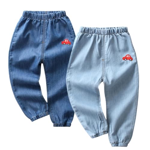 AOOPOO 2er Pack Baby Kleinkind Jungen Jeans Elastische Taille Denim Lang Hose Kinder Sommer Weich Leicht 100% Baumwolle Jeanshose Dünn Haremshose Jogginghose Lässige Hose für Jungen 12 Monate-5 Jahre von AOOPOO