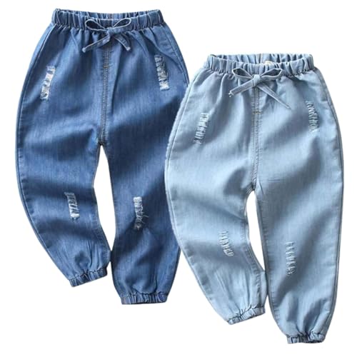 AOOPOO 2er Pack Baby Kleinkind Jungen Jeans Elastische Taille Denim Lang Hose Kinder Sommer Weich Leicht 100% Baumwolle Jeanshose Dünn Haremshose Jogginghose Lässige Hose für Jungen 12 Monate-5 Jahre von AOOPOO