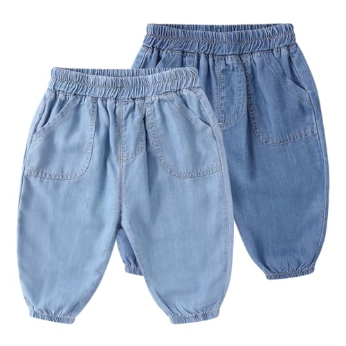 AOOPOO 2er Pack Baby Kleinkind Mädchen Jungen Jeanshose Elastische Taille Denim Hose mit Taschen Kinder Sommer Leichte Lange Jeans Hose Dünn Haremshose Jogginghose Lässige Hose Gr. 68-116 von AOOPOO