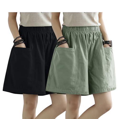 AOOPOO 2er Pack Bermuda Shorts Damen Sommer Breites Bein Baumwolle Elastische Hohe Taille Kurze Hose Sport Running Fitness Shorts Kurz Jogginghose Lässigeshorts mit Taschen S-XXL von AOOPOO