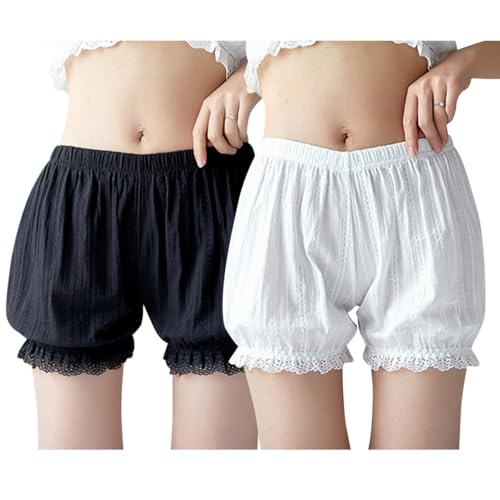 AOOPOO 2er Pack Damen Bloomers Shorts mit Spitze Kurz Pumphose 100% Baumwolle Unterwäsche Unterhosen Rüschen Höschen Pumpkin Pettipants, Größe XS-M von AOOPOO