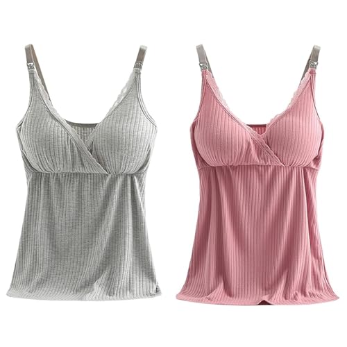 AOOPOO 2er Pack Damen Stilltop V-Ausschnitt aus Spitze Tanktop Unterhemd mit Integriertem BH für Stillen Schlaf Camisole Oberteil Schwangere Frauen Umstandsmode Schwangerschafts Still Tops von AOOPOO